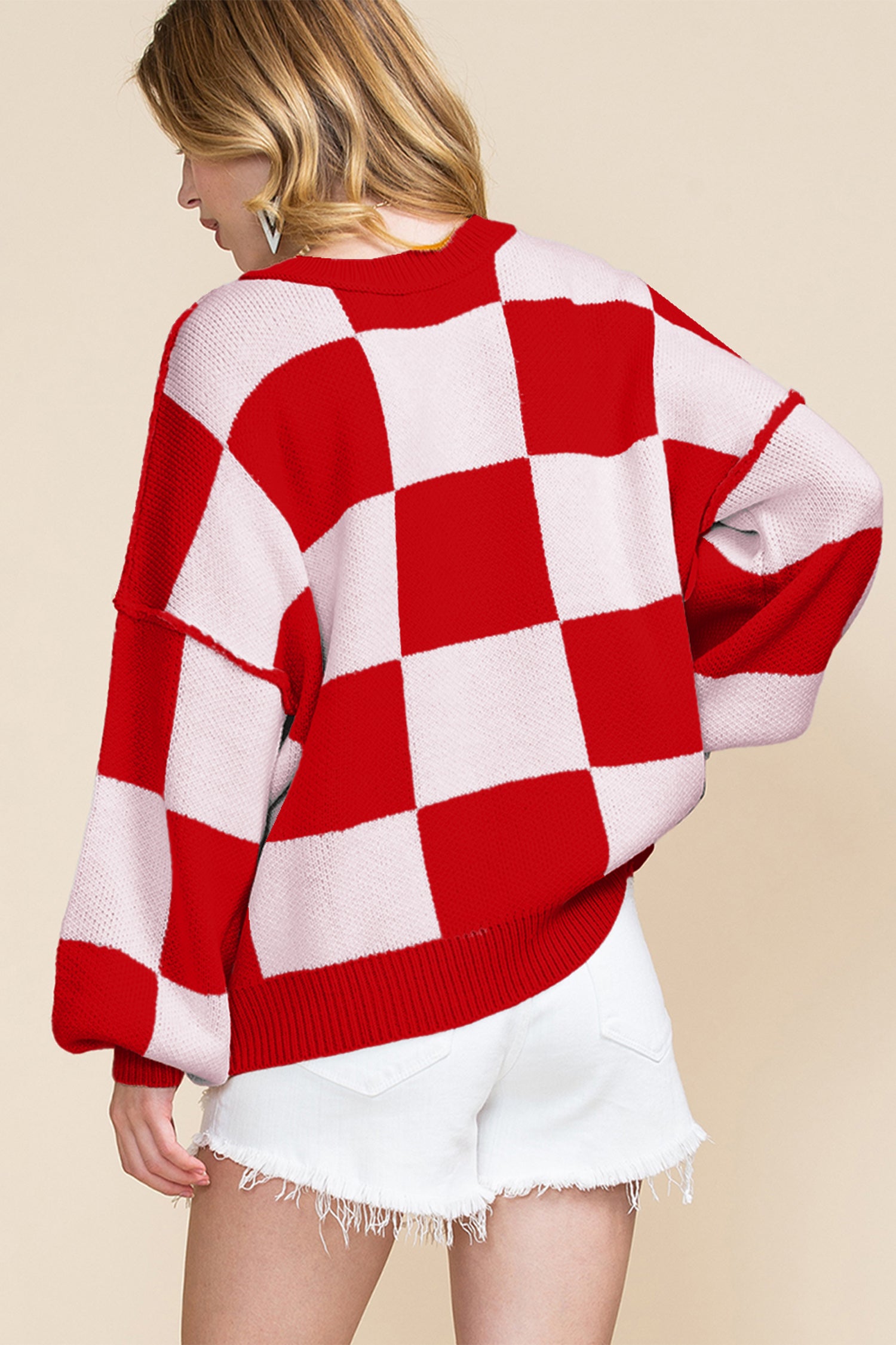 Pink Checkered Bishop Sleeve Sweater