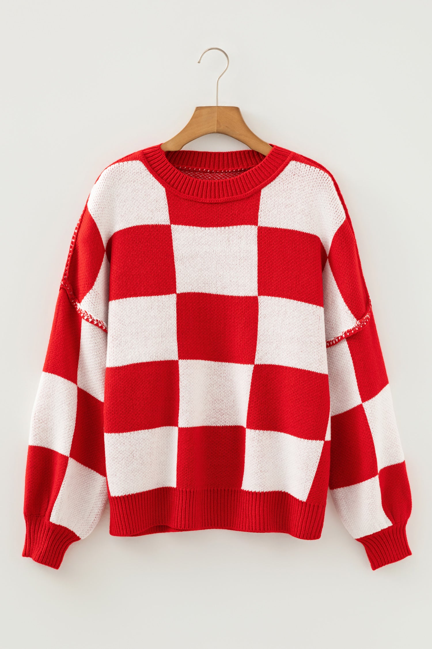 Pink Checkered Bishop Sleeve Sweater