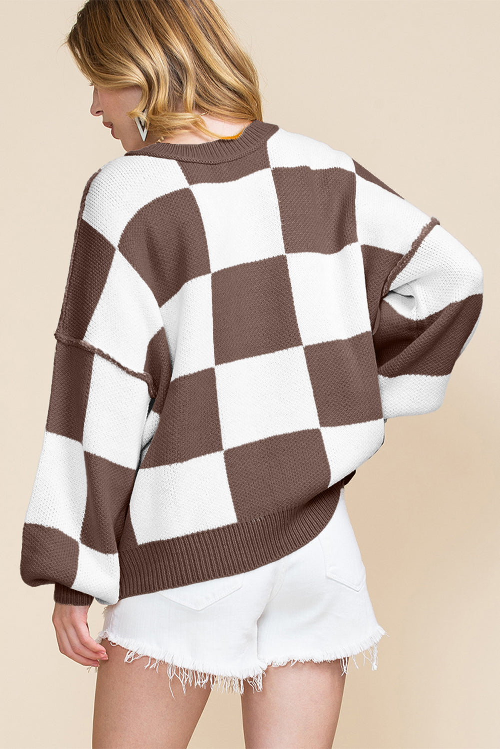 Pink Checkered Bishop Sleeve Sweater