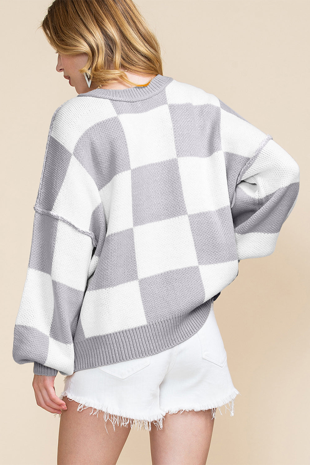 Pink Checkered Bishop Sleeve Sweater